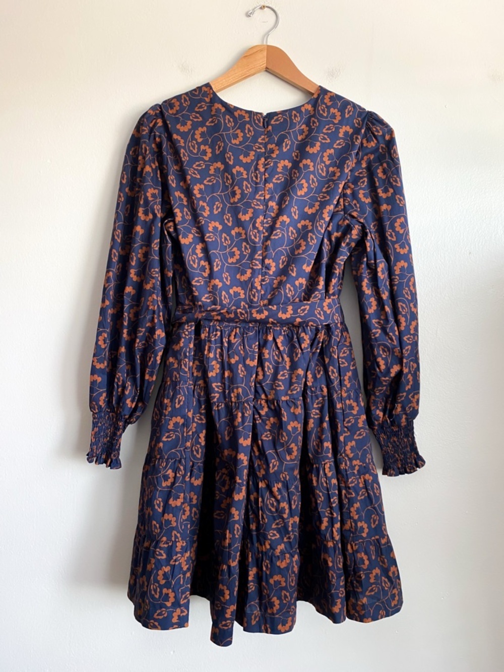 Boden Navy Brown Long Puff Sleeves Tiered Dress Smocked Floral Leaves Cotton 12R - Picture 8 of 12